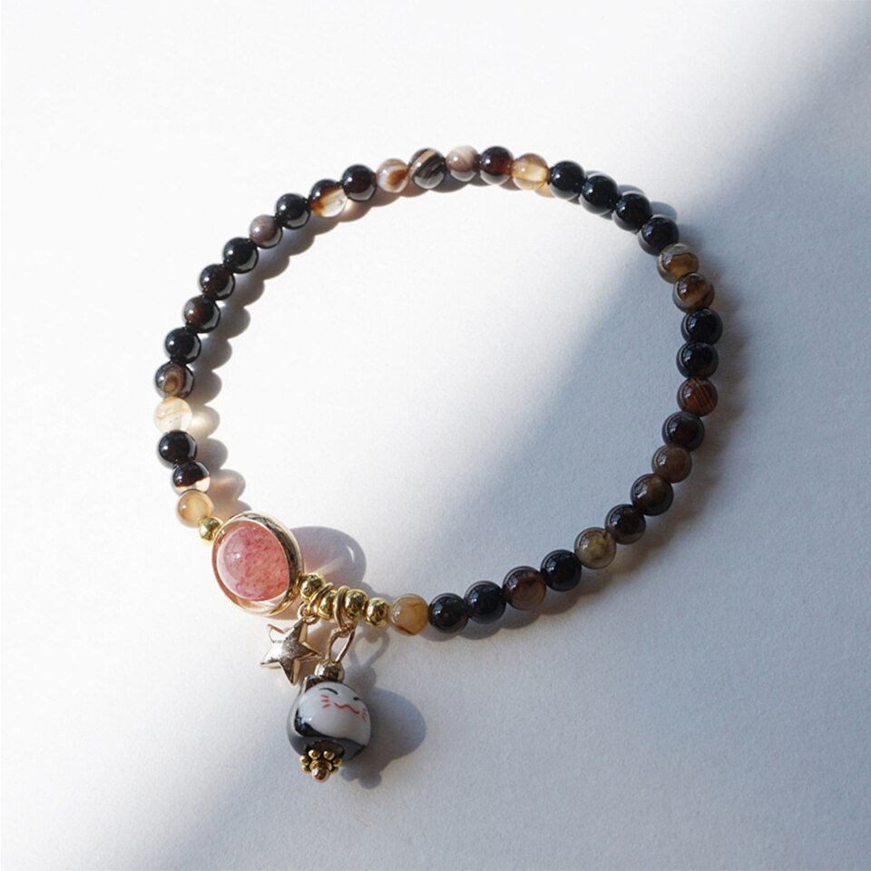 #JB1010 3 pcs lot Natrual Crystal garnet stone Bead Lucky Cat Bracelet for Women Girls Gift Maneki Neko  Tassel Pendant Jewelry