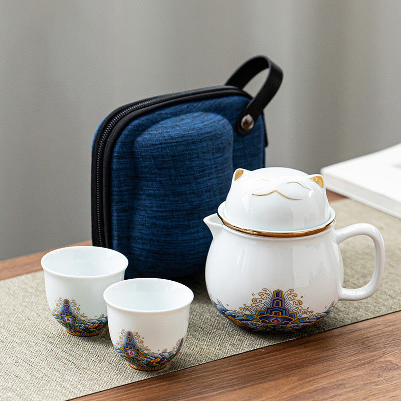 #HD1021 Fortune cat Portable Teapot Set 320 ml for Outdoor Travel Ceramic with Tea Filter Tea Cup