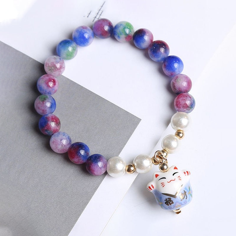 #JB1008 3 pcs lot Crack crystal style Lucky Cat Bracelet Glass stone Bead Bracelets Ceramics Luck Cat Pendant Cute Charm