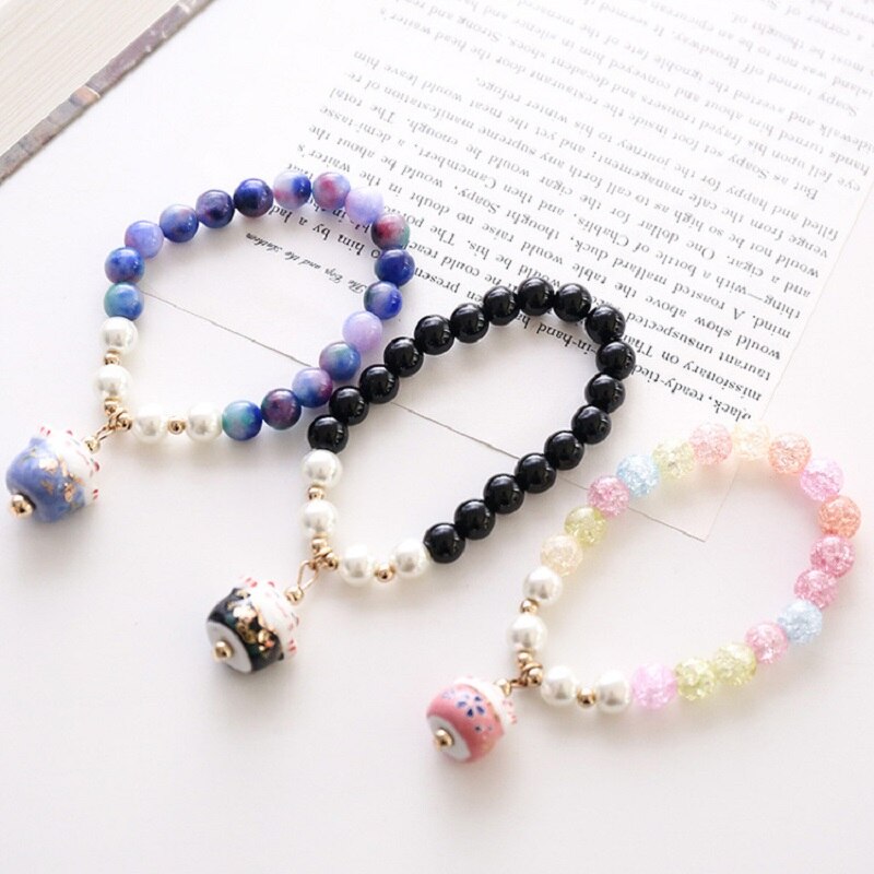 #JB1008 3 pcs lot Crack crystal style Lucky Cat Bracelet Glass stone Bead Bracelets Ceramics Luck Cat Pendant Cute Charm