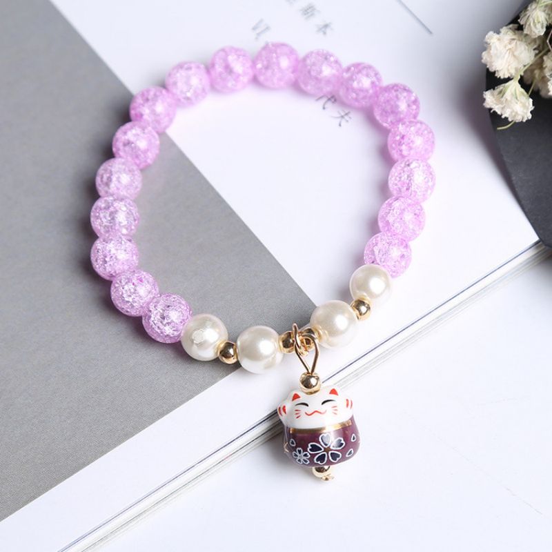 #JB1008 3 pcs lot Crack crystal style Lucky Cat Bracelet Glass stone Bead Bracelets Ceramics Luck Cat Pendant Cute Charm
