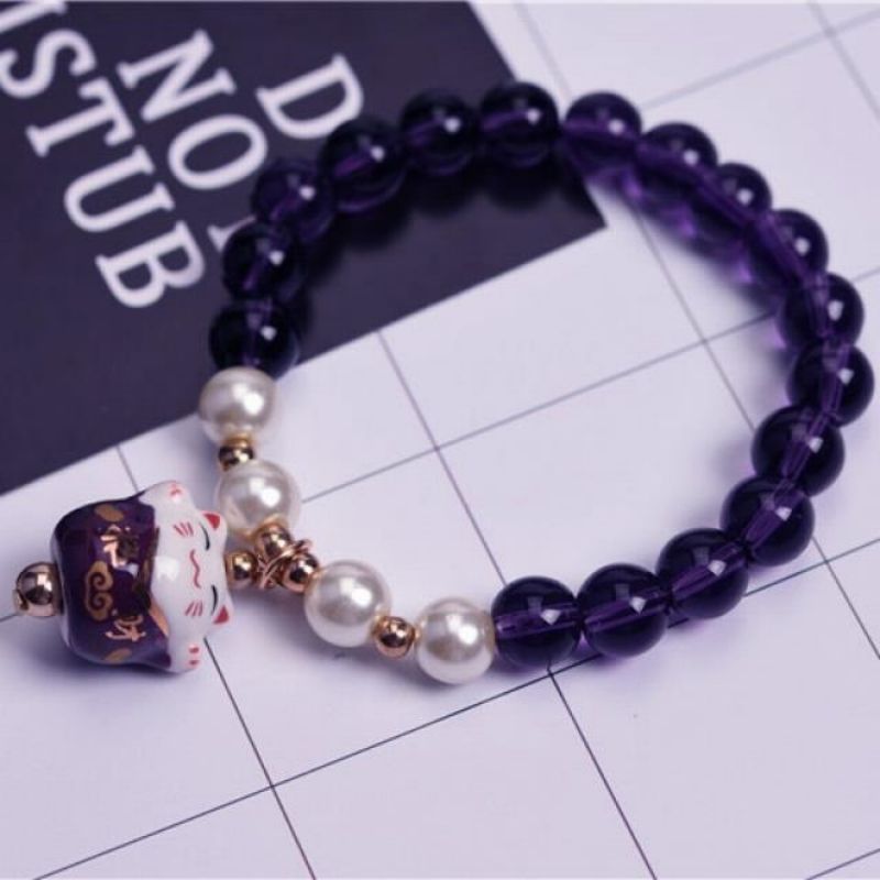 #JB1008 3 pcs lot Crack crystal style Lucky Cat Bracelet Glass stone Bead Bracelets Ceramics Luck Cat Pendant Cute Charm