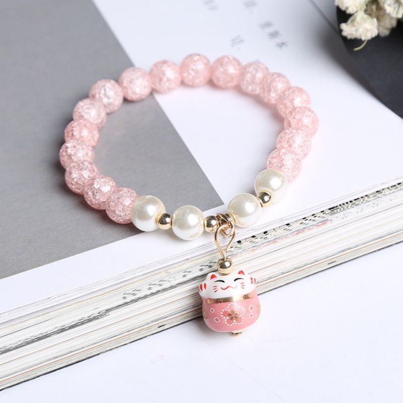 #JB1008 3 pcs lot Crack crystal style Lucky Cat Bracelet Glass stone Bead Bracelets Ceramics Luck Cat Pendant Cute Charm