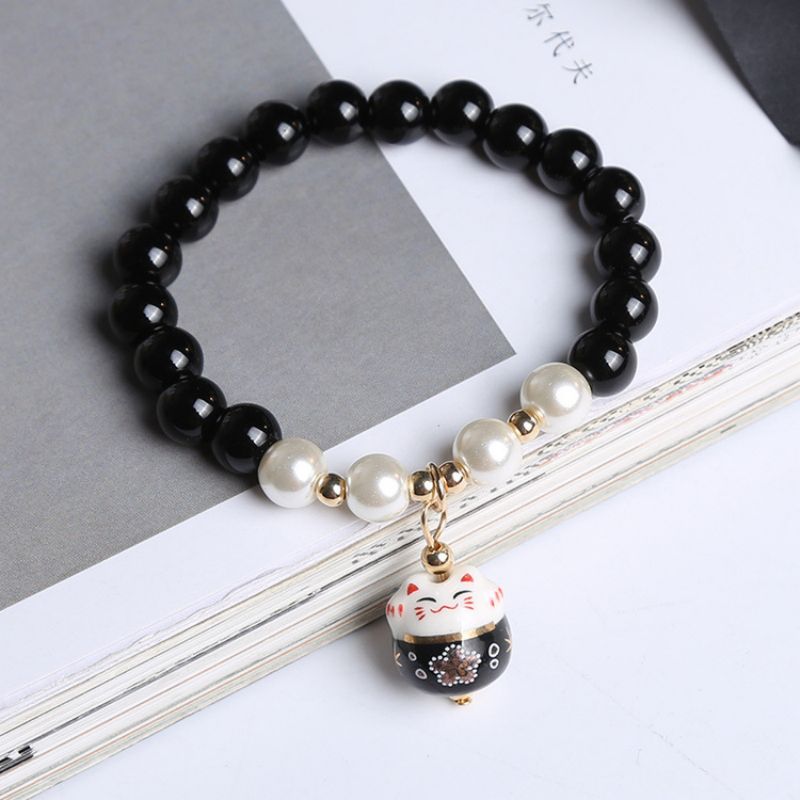#JB1008 3 pcs lot Crack crystal style Lucky Cat Bracelet Glass stone Bead Bracelets Ceramics Luck Cat Pendant Cute Charm