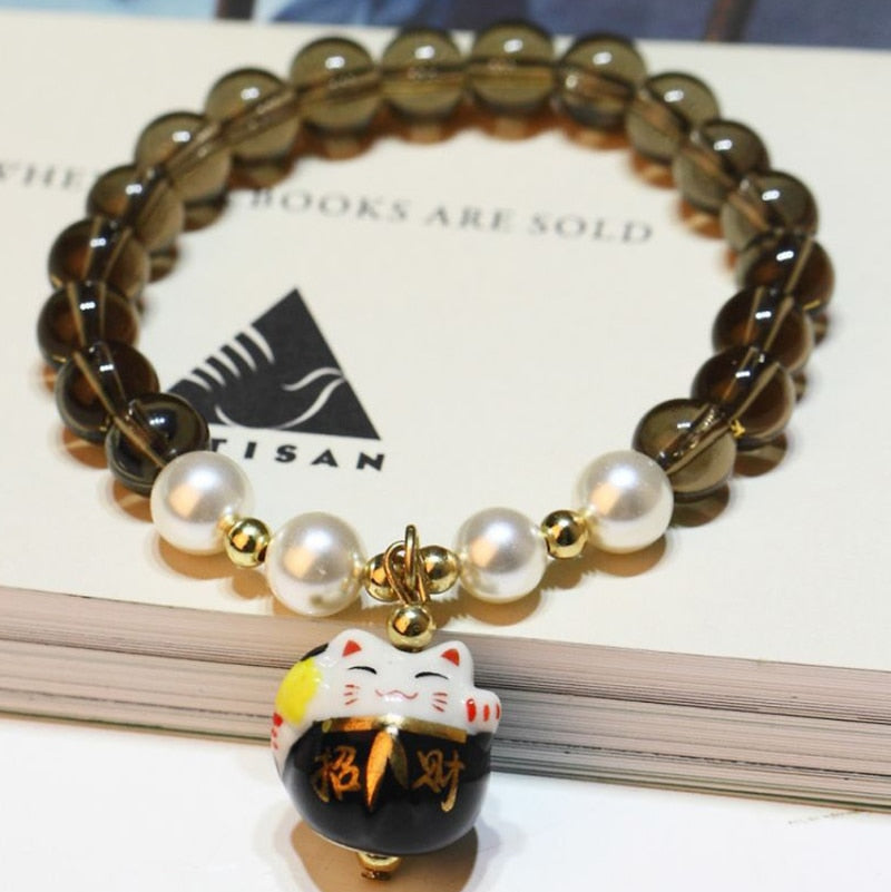 #JB1008 3 pcs lot Crack crystal style Lucky Cat Bracelet Glass stone Bead Bracelets Ceramics Luck Cat Pendant Cute Charm