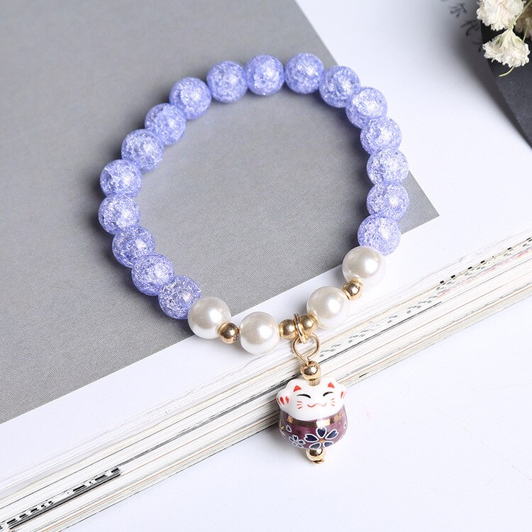 #JB1008 3 pcs lot Crack crystal style Lucky Cat Bracelet Glass stone Bead Bracelets Ceramics Luck Cat Pendant Cute Charm