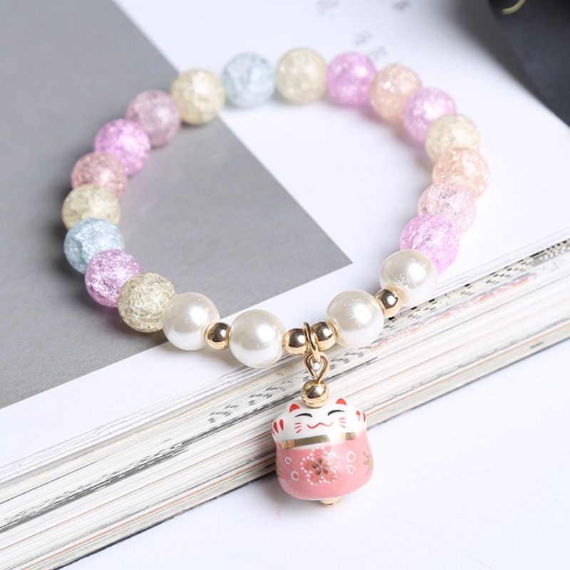 #JB1008 3 pcs lot Crack crystal style Lucky Cat Bracelet Glass stone Bead Bracelets Ceramics Luck Cat Pendant Cute Charm