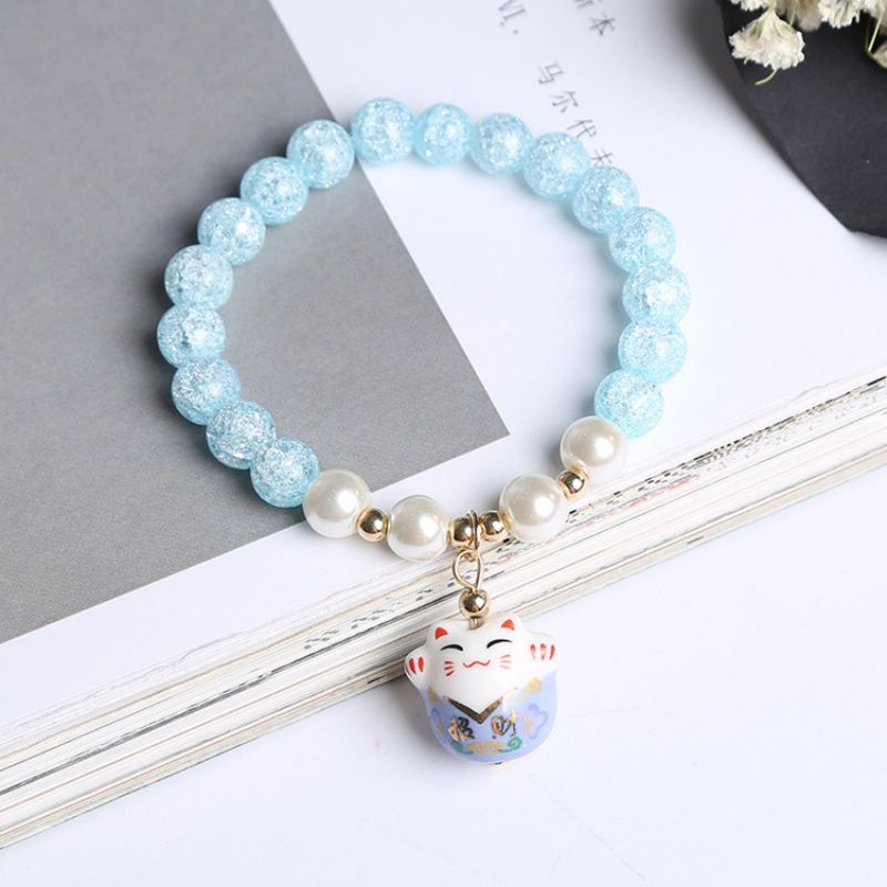 #JB1008 3 pcs lot Crack crystal style Lucky Cat Bracelet Glass stone Bead Bracelets Ceramics Luck Cat Pendant Cute Charm