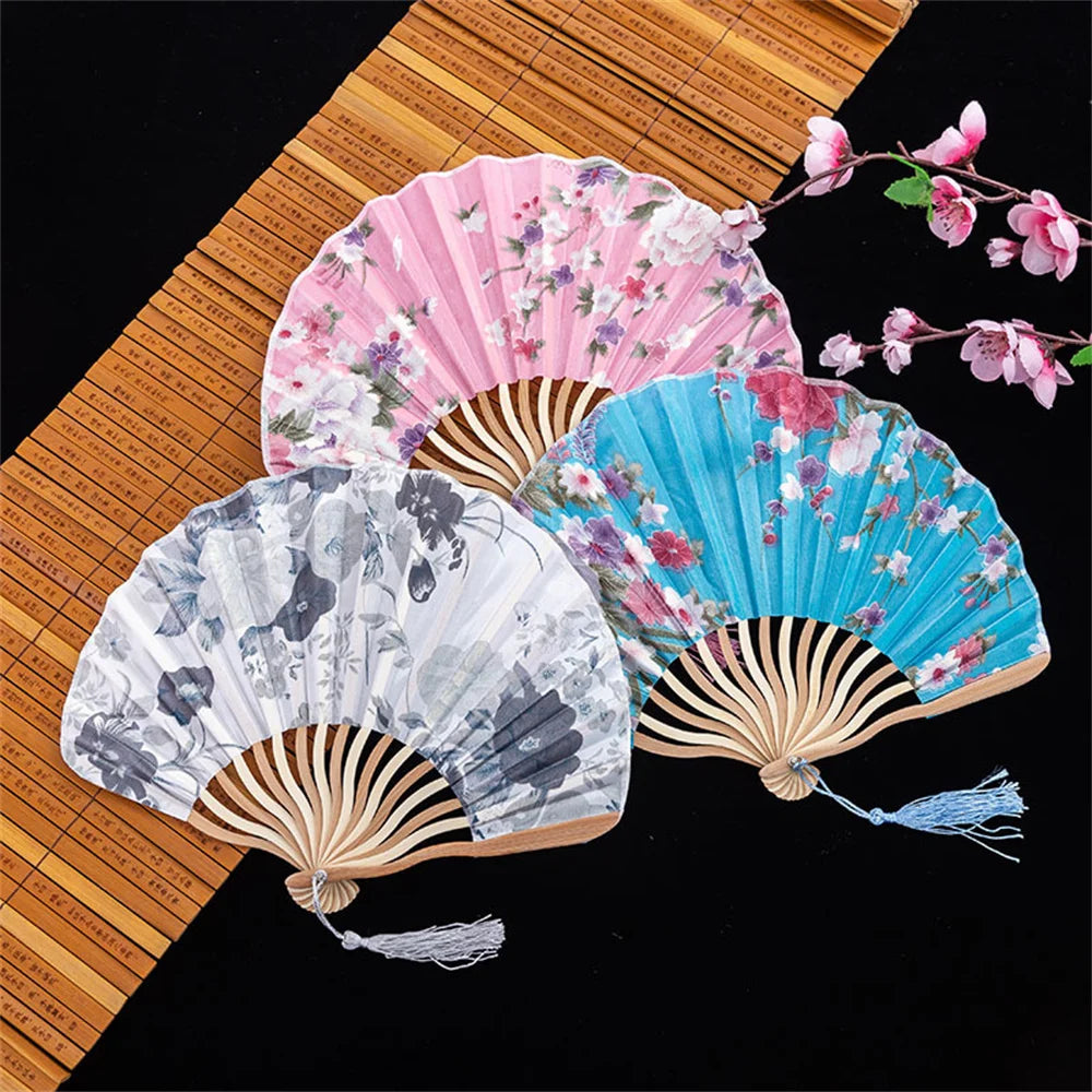 #HE1002 3 pcs lot Silk Bamboo bone Folding Fans Hand Held Fan Chinese Style Flower Painting Fans Party Deco Gift