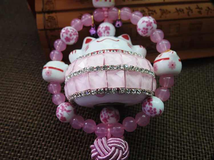#HA021 handmade  High Grade Lucky Cat Rhinestone Crystal Hanging Ornament Ceramic Fortune Auto Decoration