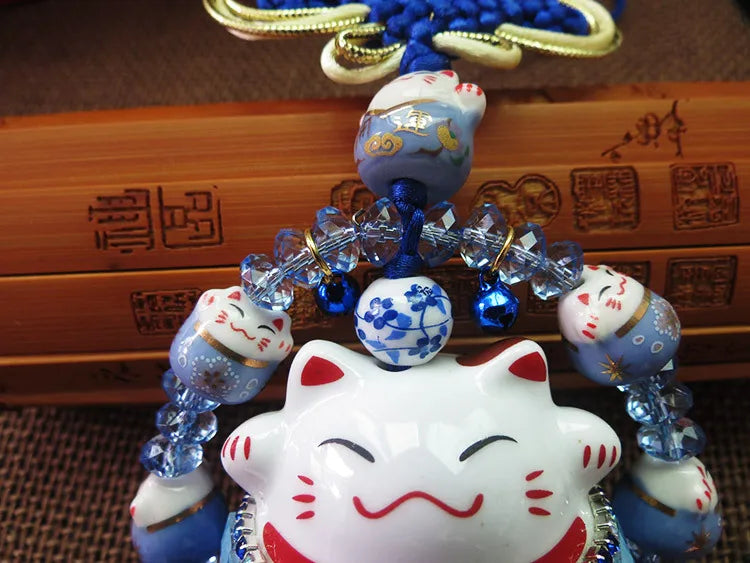 #HA021 handmade  High Grade Lucky Cat Rhinestone Crystal Hanging Ornament Ceramic Fortune Auto Decoration