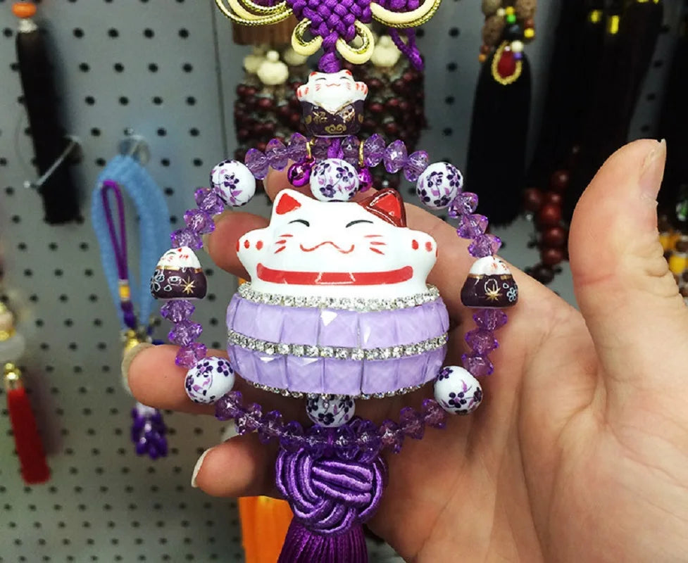 #HA021 handmade  High Grade Lucky Cat Rhinestone Crystal Hanging Ornament Ceramic Fortune Auto Decoration
