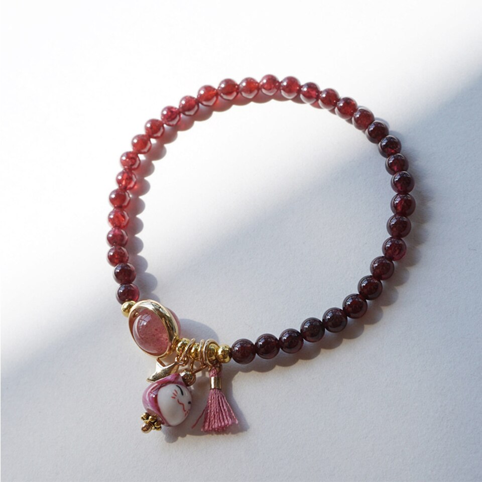 #JB1010 3 pcs lot Natrual Crystal garnet stone Bead Lucky Cat Bracelet for Women Girls Gift Maneki Neko  Tassel Pendant Jewelry