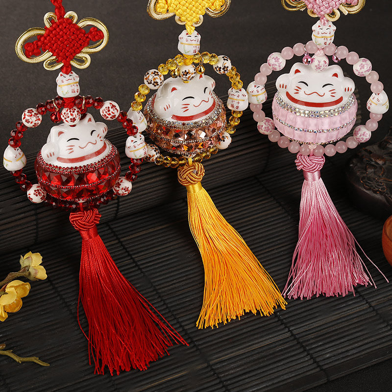 #HA021 handmade  High Grade Lucky Cat Rhinestone Crystal Hanging Ornament Ceramic Fortune Auto Decoration