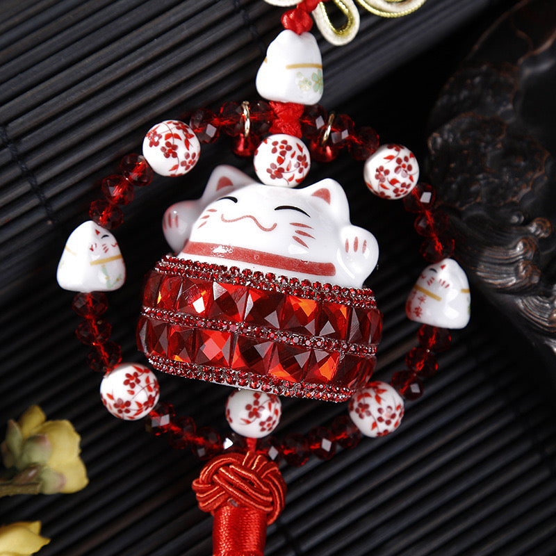 #HA021 handmade  High Grade Lucky Cat Rhinestone Crystal Hanging Ornament Ceramic Fortune Auto Decoration