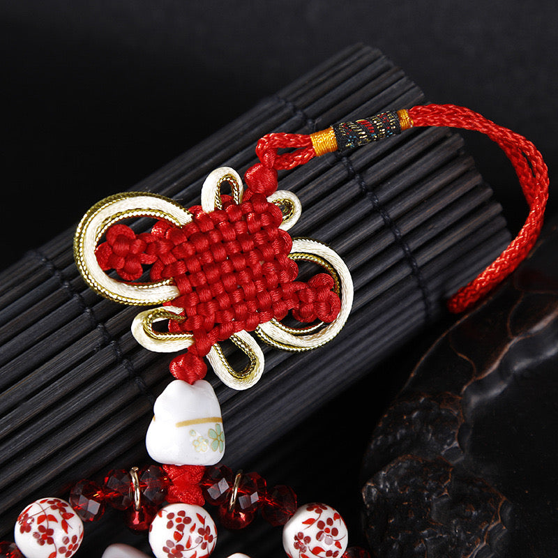 #HA021 handmade  High Grade Lucky Cat Rhinestone Crystal Hanging Ornament Ceramic Fortune Auto Decoration