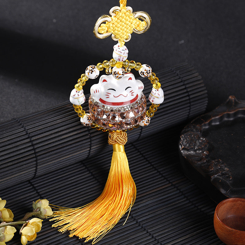 #HA021 handmade  High Grade Lucky Cat Rhinestone Crystal Hanging Ornament Ceramic Fortune Auto Decoration