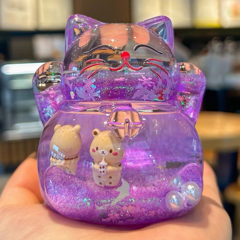 #HD1040 Globe Liquid filled floating Fortune cat lucky cat maneki neko girl