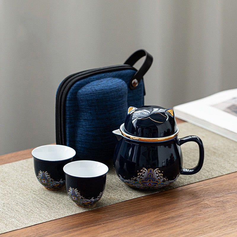 #HD1021 Fortune cat Portable Teapot Set 320 ml for Outdoor Travel Ceramic with Tea Filter Tea Cup