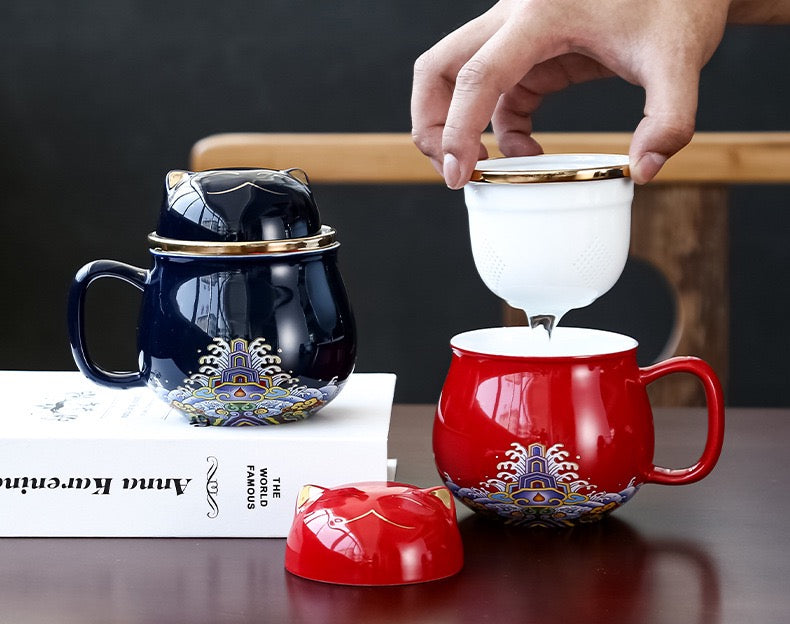 #HD1021 Fortune cat Portable Teapot Set 320 ml for Outdoor Travel Ceramic with Tea Filter Tea Cup