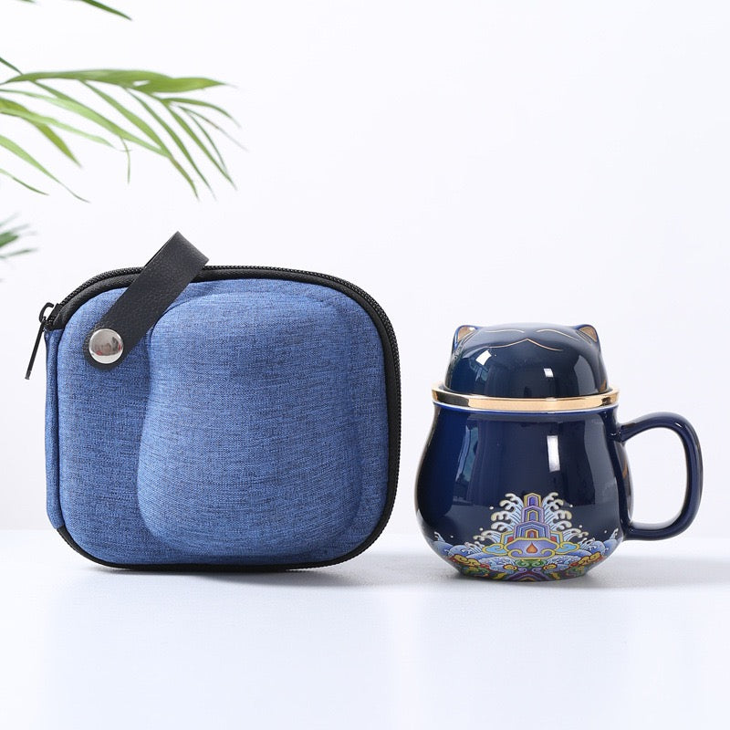 #HD1021 Fortune cat Portable Teapot Set 320 ml for Outdoor Travel Ceramic with Tea Filter Tea Cup