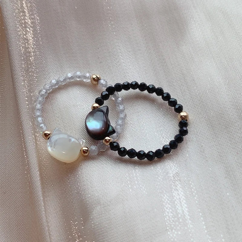 #JB1012 Natrual crystal  Shell lucky Cat ring Natural Stones White Black Crystal Cut Beads Ring for Women Girls  Fine Jewelry