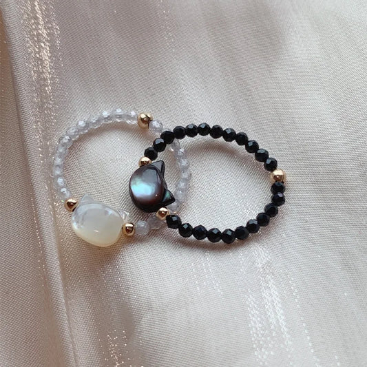 #JB1012 Natrual crystal  Shell lucky Cat ring Natural Stones White Black Crystal Cut Beads Ring for Women Girls  Fine Jewelry