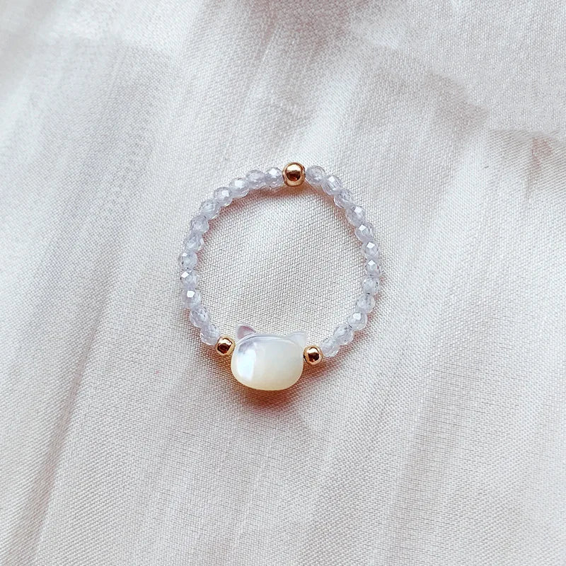 #JB1012 Natrual crystal  Shell lucky Cat ring Natural Stones White Black Crystal Cut Beads Ring for Women Girls  Fine Jewelry