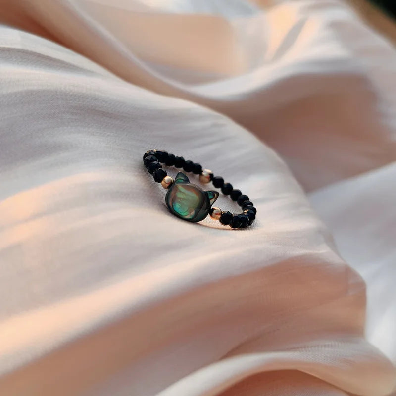 #JB1012 Natrual crystal  Shell lucky Cat ring Natural Stones White Black Crystal Cut Beads Ring for Women Girls  Fine Jewelry