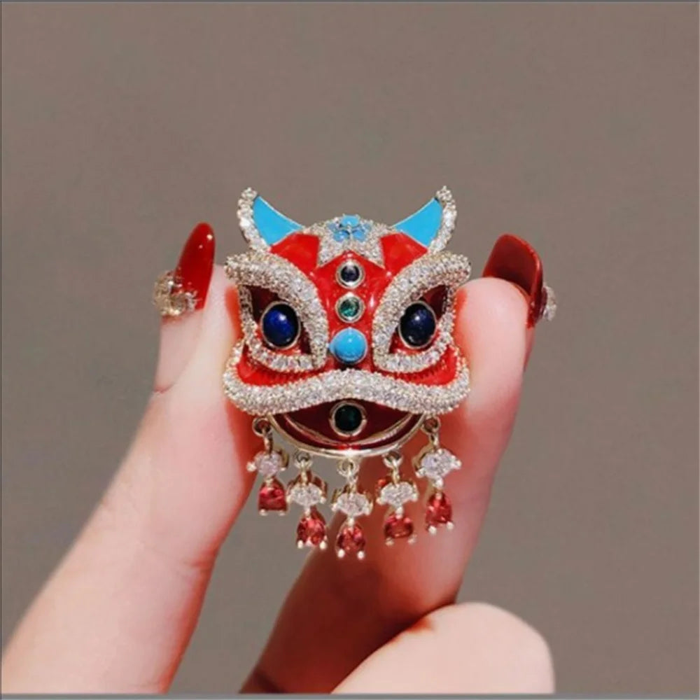 #JA1015 Dancing lion brooch New China-Chic Chinese style Red  Hairpin Premium Accessories Enamel Painted Pin Bust Celebration