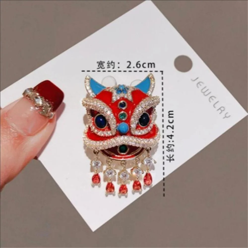 #JA1015 Dancing lion brooch New China-Chic Chinese style Red  Hairpin Premium Accessories Enamel Painted Pin Bust Celebration