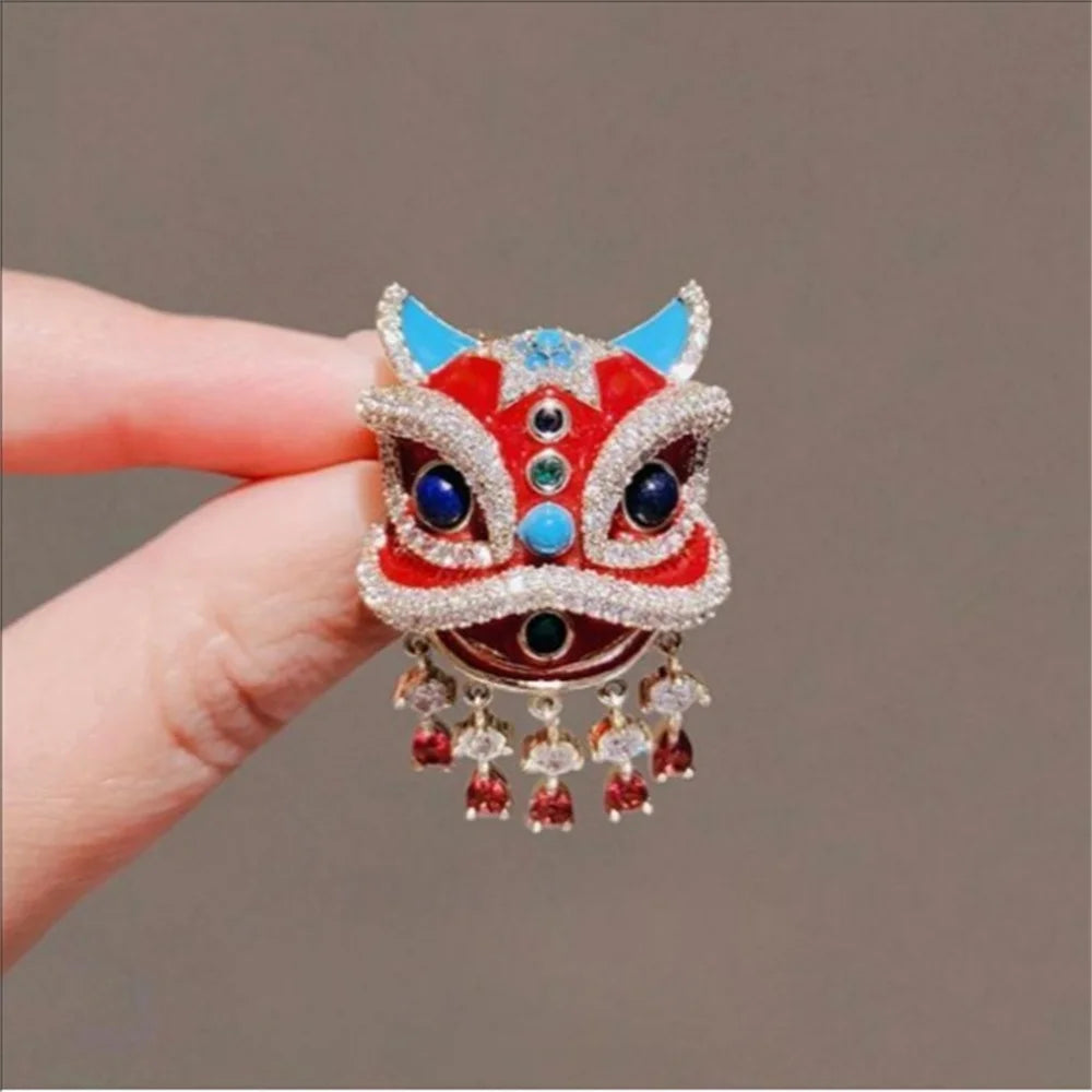 #JA1015 Dancing lion brooch New China-Chic Chinese style Red  Hairpin Premium Accessories Enamel Painted Pin Bust Celebration
