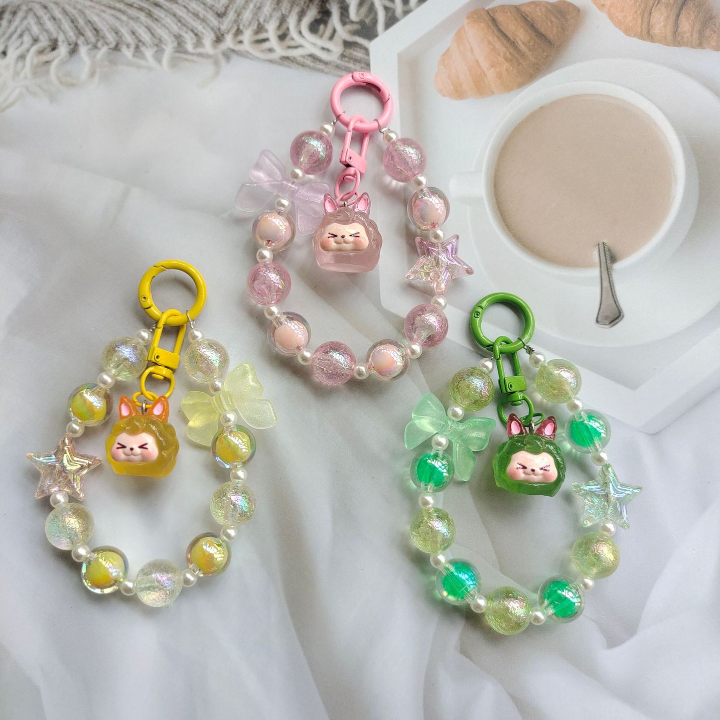 #HA1025  4 pcs lot kiki bead wrist lanyard wristlet bracelet  phone strap keychain keyring blindbox for women purse charms gift
