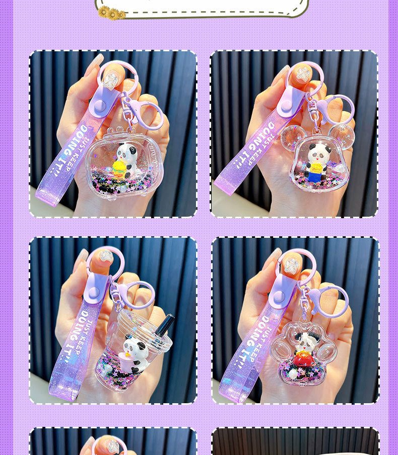 #HA1026 3 pcs lot cartoon liquid filled cute panda keychain keyring backpack gift