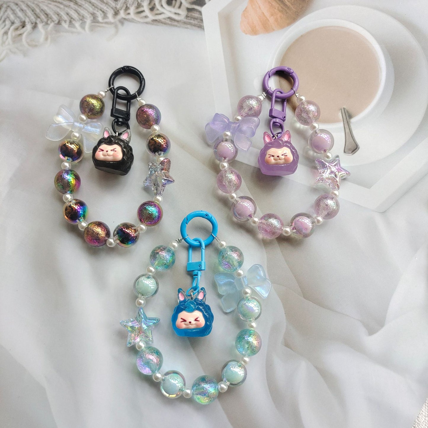 #HA1025  4 pcs lot kiki bead wrist lanyard wristlet bracelet  phone strap keychain keyring blindbox for women purse charms gift