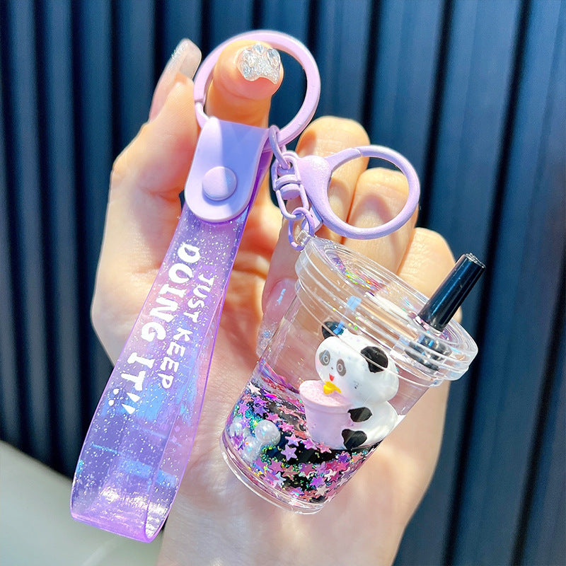 #HA1026 3 pcs lot cartoon liquid filled cute panda keychain keyring backpack gift