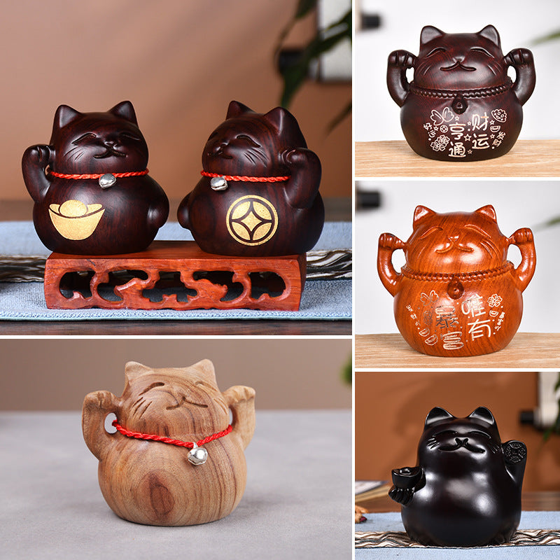 #HD1038 natrual solid sandalwood carving lucky cat fortune cat artcraft home decoration