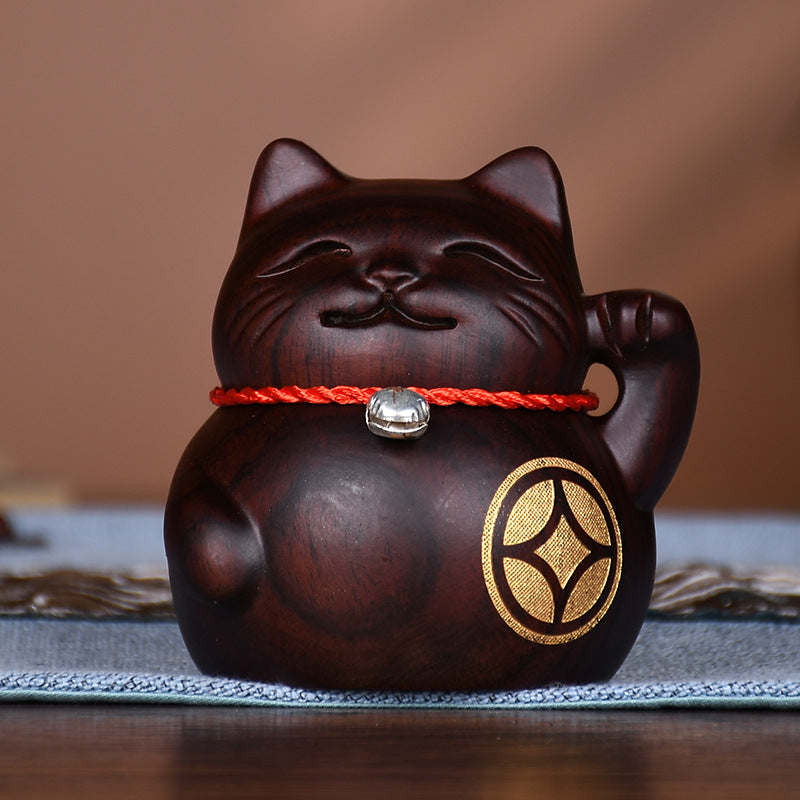#HD1038 natrual solid sandalwood carving lucky cat fortune cat artcraft home decoration