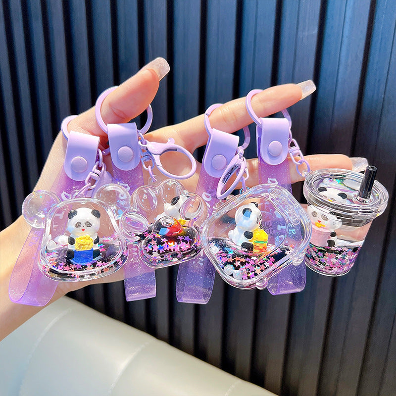 #HA1026 3 pcs lot cartoon liquid filled cute panda keychain keyring backpack gift