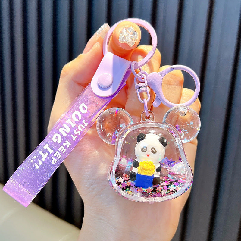#HA1026 3 pcs lot cartoon liquid filled cute panda keychain keyring backpack gift