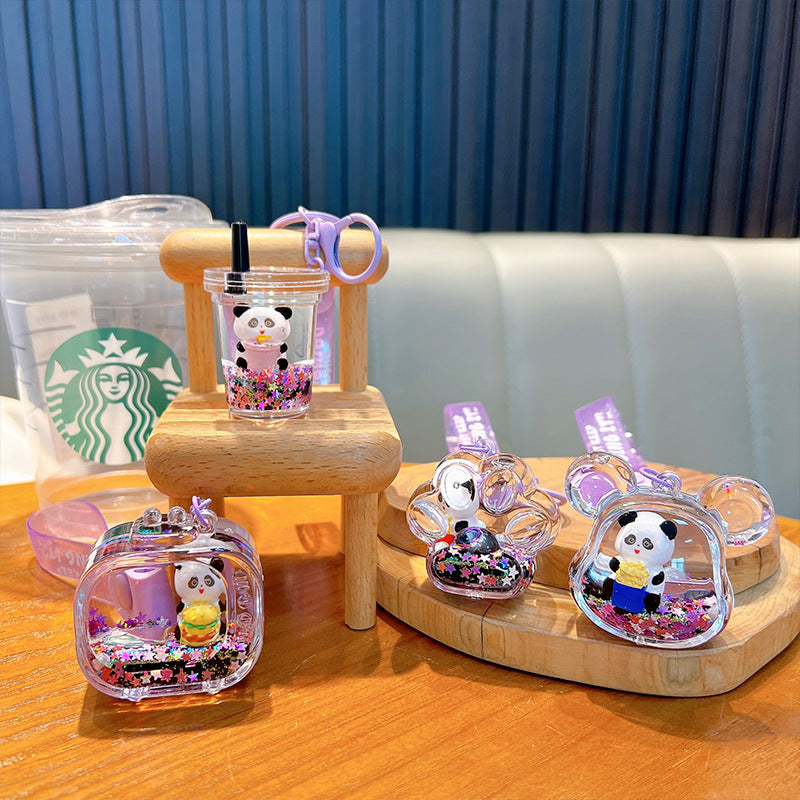 #HA1026 3 pcs lot cartoon liquid filled cute panda keychain keyring backpack gift