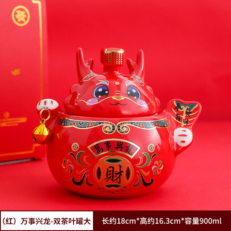 #HD1037 dragon sugar bowl tea jar caddy year of dragon zodiac ceramic gift