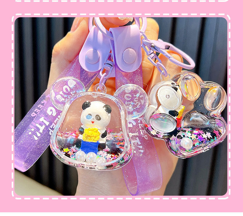 #HA1026 3 pcs lot cartoon liquid filled cute panda keychain keyring backpack gift
