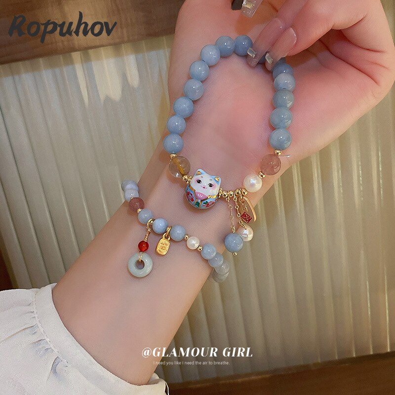 #JB1007 3 pcs lot lucky cat jade stone Bracelet Chinese Style Lovely Elastic girl gift