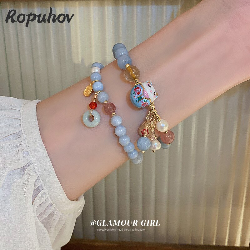 #JB1007 3 pcs lot lucky cat jade stone Bracelet Chinese Style Lovely Elastic girl gift