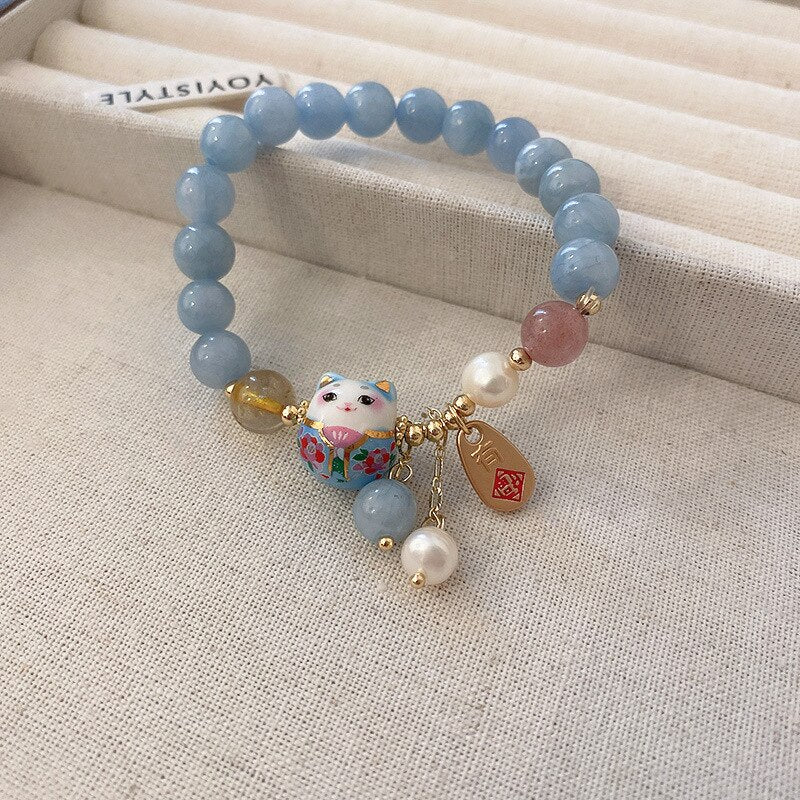 #JB1007 3 pcs lot lucky cat jade stone Bracelet Chinese Style Lovely Elastic girl gift