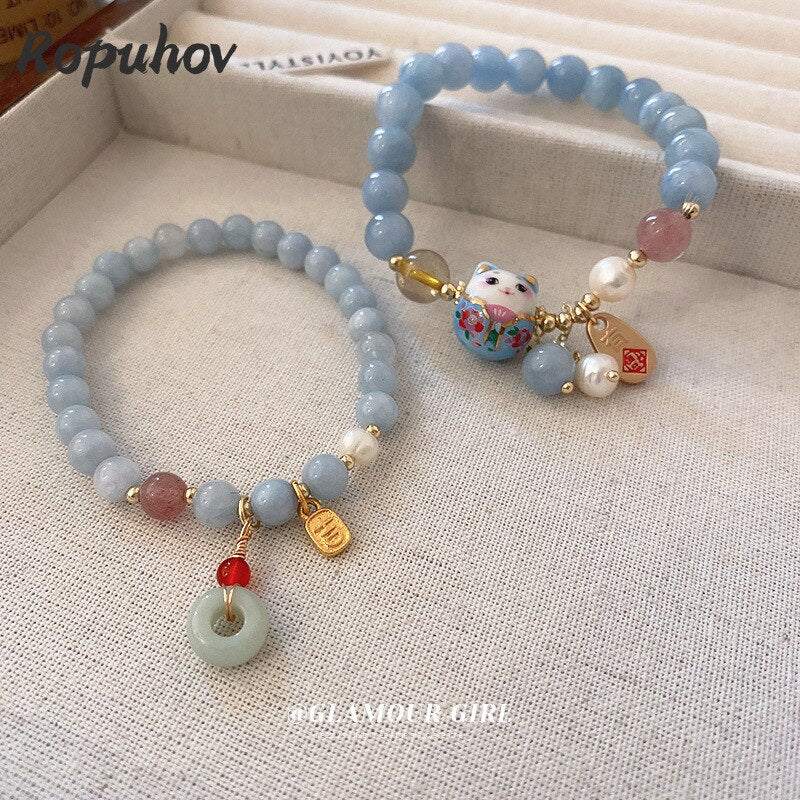 #JB1007 3 pcs lot lucky cat jade stone Bracelet Chinese Style Lovely Elastic girl gift