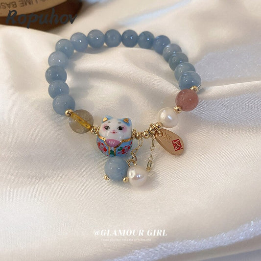 #JB1007 3 pcs lot lucky cat jade stone Bracelet Chinese Style Lovely Elastic girl gift