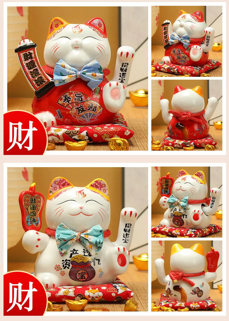 7.5 inches Waving Fortune Cat Statue Ceramic Maneki Neko Lucky Cat Home Decor Waving Hand Cat Feng Shui Ceramic