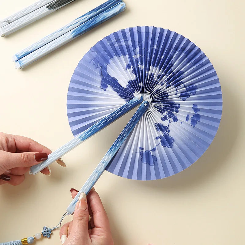 3 pc Lot Round Folding Fan Printed Paper with Magnetic Suction Ancient Chinese Craft Hanfu Clothing Accessories